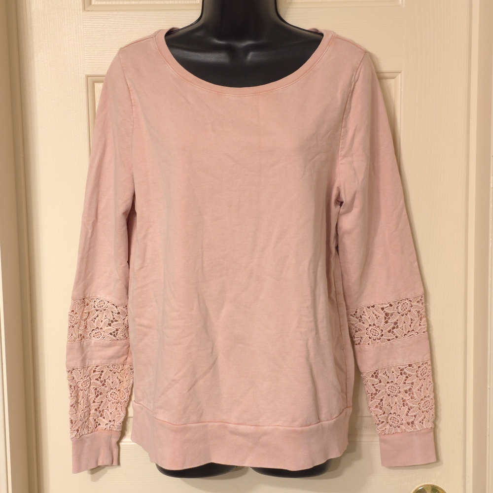 Lucky Lotus Womens Blush Lace/Crochet Panel Long Sleeve Sweatshirt, Sz M